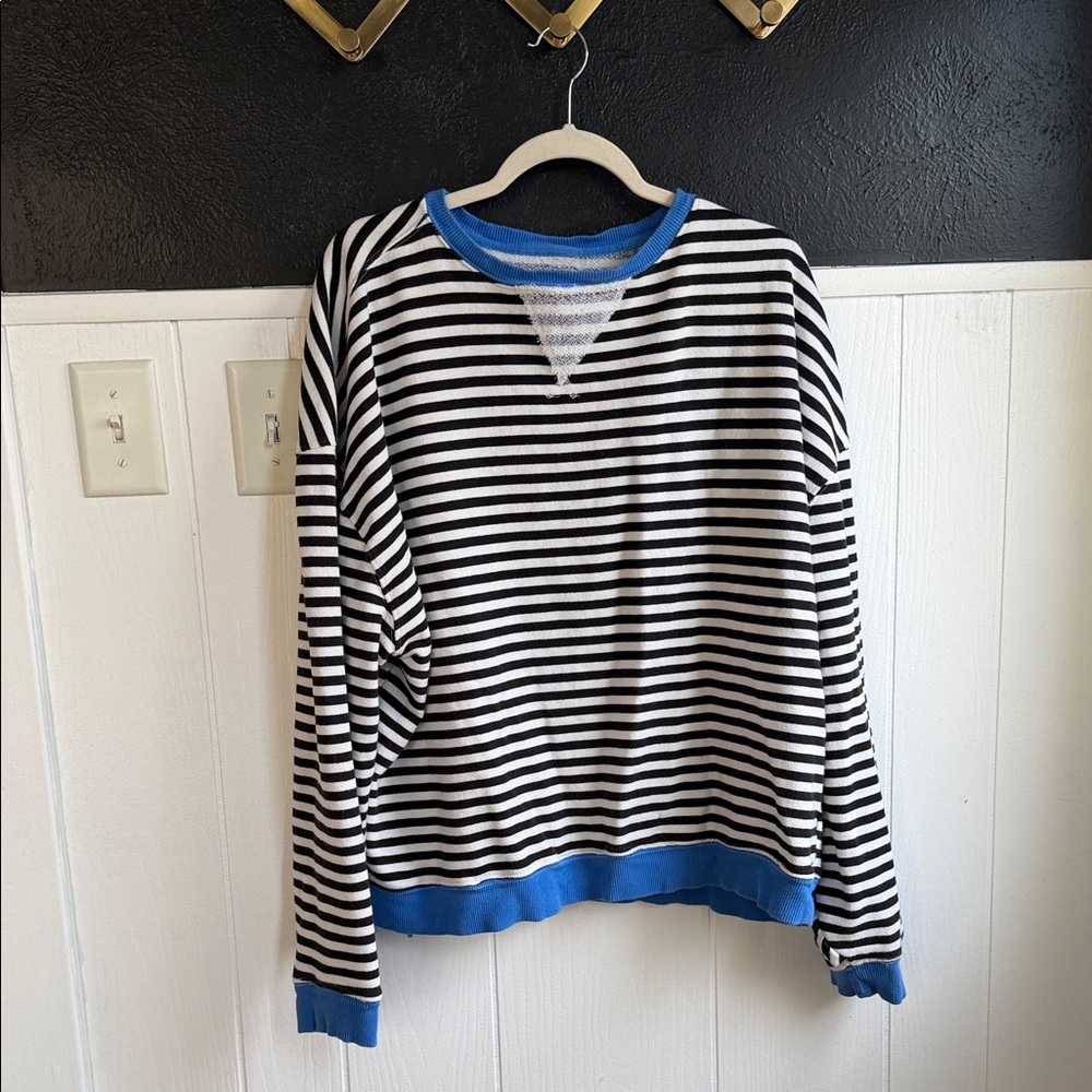 Free People Black & White Striped Crew Sweater with Blue Trim